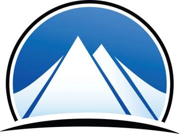 A blue and white logo of mountains